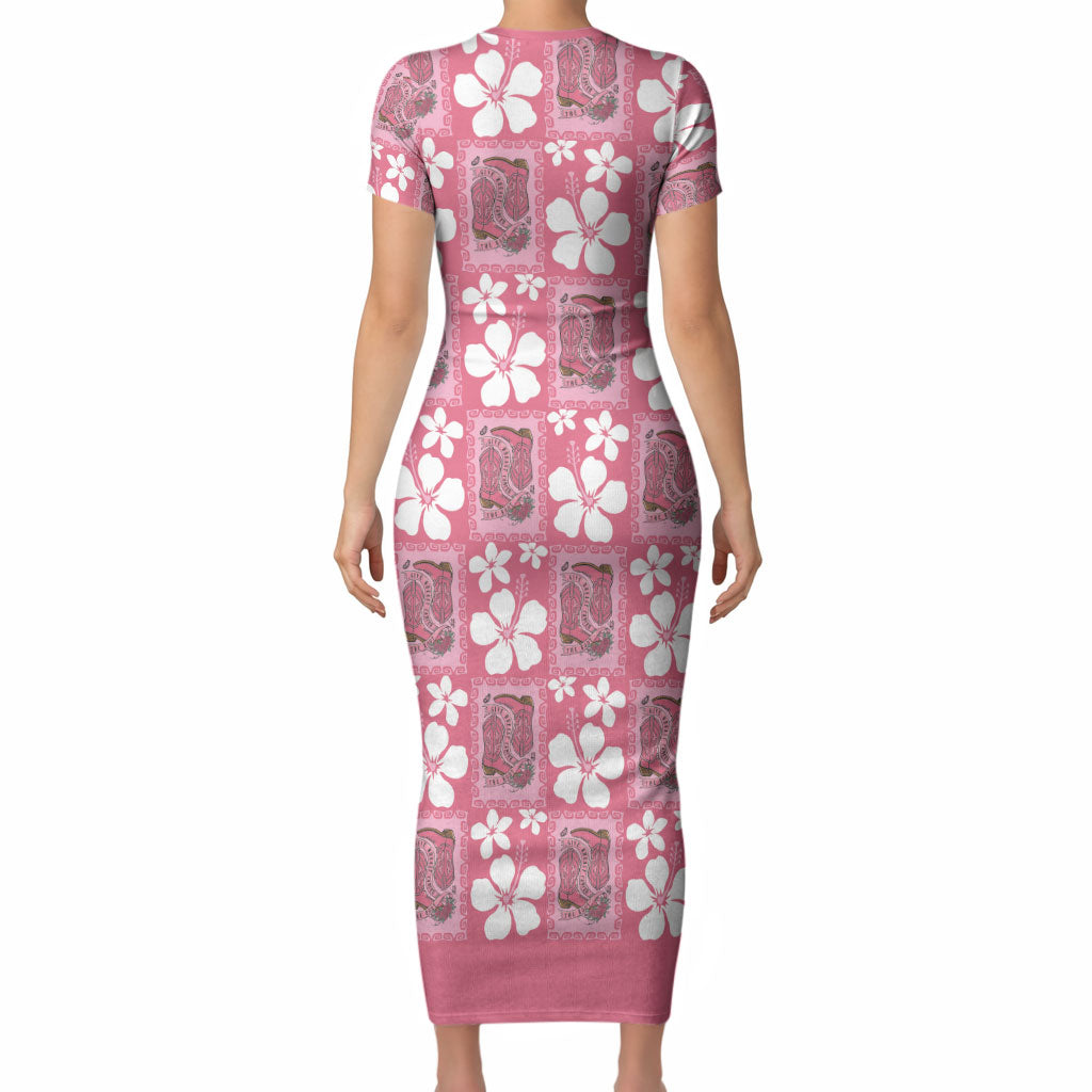 Give Cancer The Boot Pink Cowgirl Short Sleeve Bodycon Dress Western Aloha Hibiscus Paniolo Heritage Floral