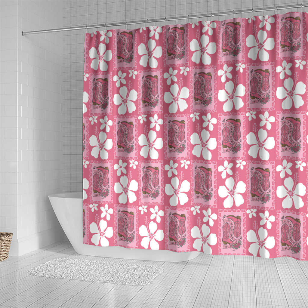 Give Cancer The Boot Pink Cowgirl Shower Curtain Western Aloha Hibiscus Paniolo Heritage Floral