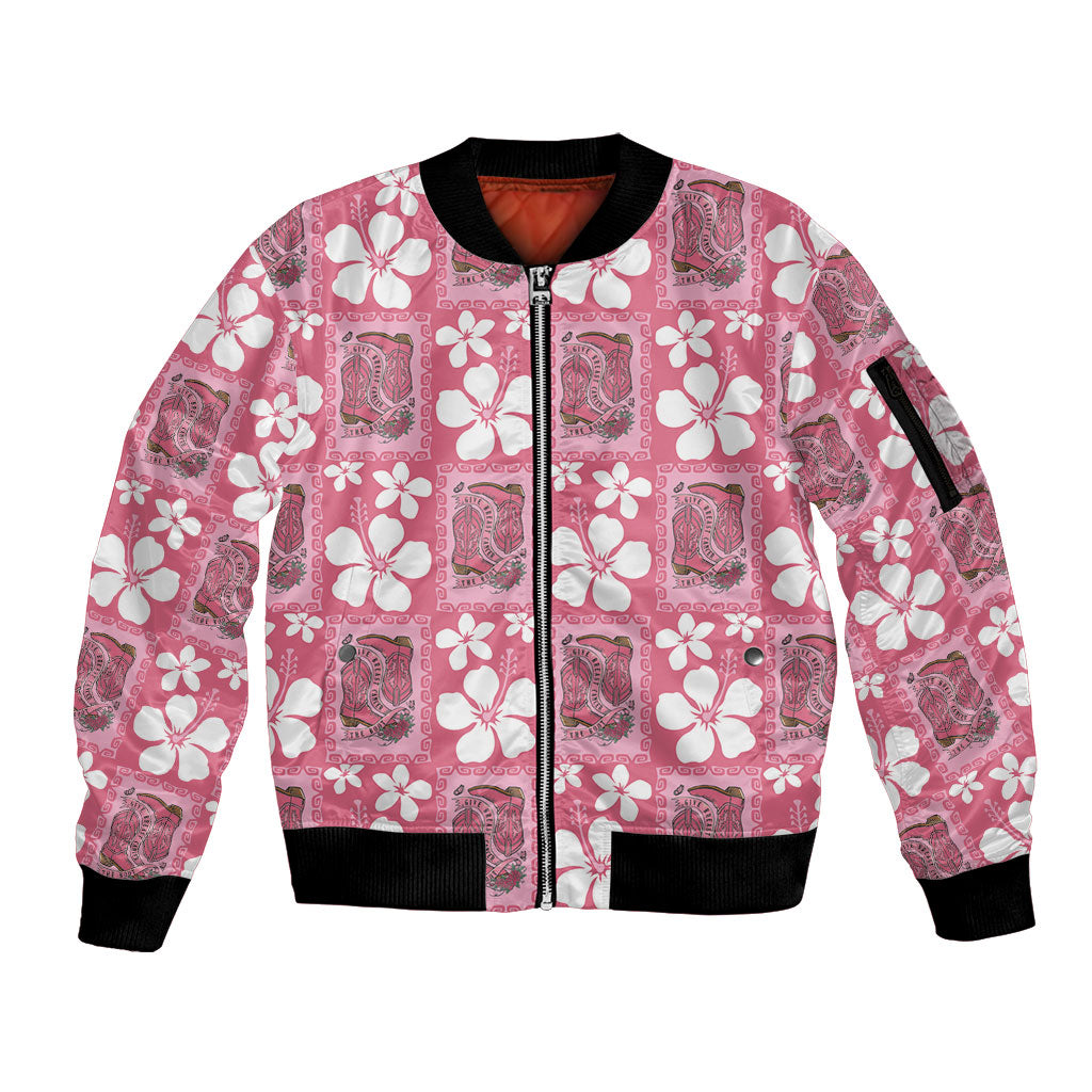 Give Cancer The Boot Pink Cowgirl Sleeve Zip Bomber Jacket Western Aloha Hibiscus Paniolo Heritage Floral