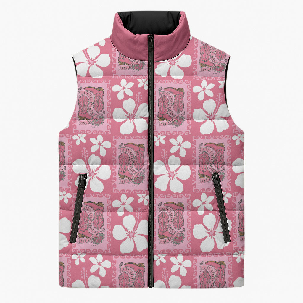 Give Cancer The Boot Pink Cowgirl Sleeveless Puffer Jacket Western Aloha Hibiscus Paniolo Heritage Floral