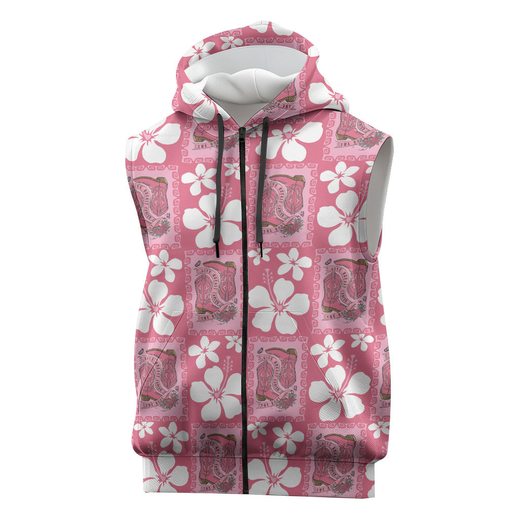 Give Cancer The Boot Pink Cowgirl Sleeveless Zip Hoodie Western Aloha Hibiscus Paniolo Heritage Floral
