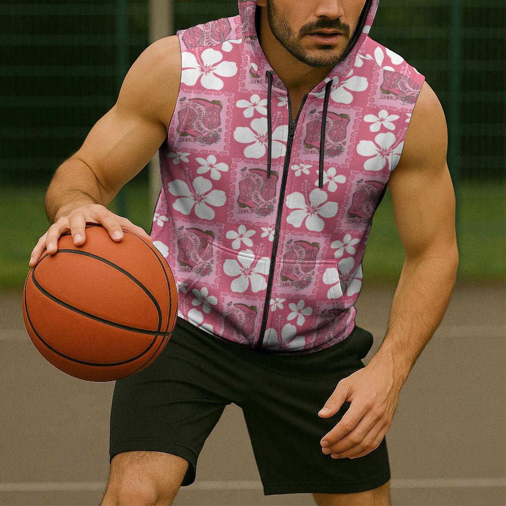 Give Cancer The Boot Pink Cowgirl Sleeveless Zip Hoodie Western Aloha Hibiscus Paniolo Heritage Floral