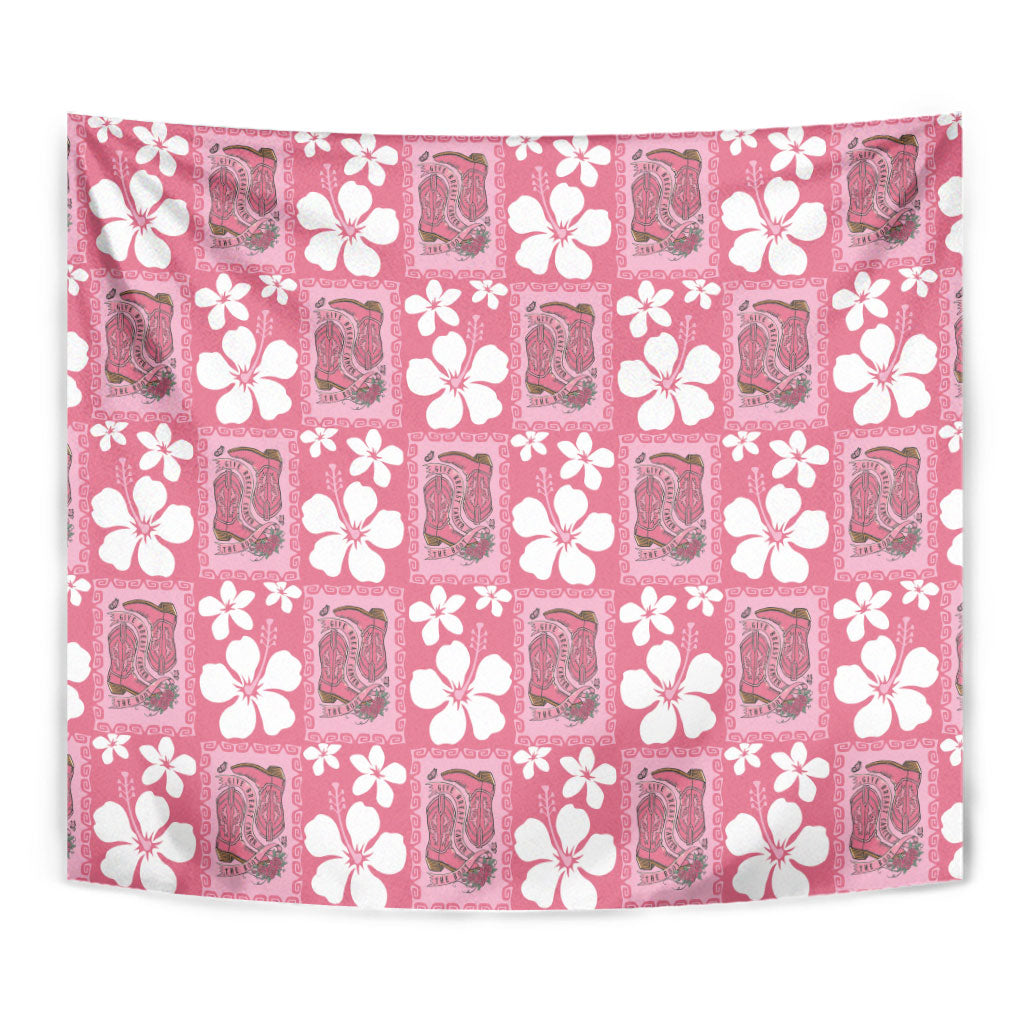 Give Cancer The Boot Pink Cowgirl Tapestry Western Aloha Hibiscus Paniolo Heritage Floral
