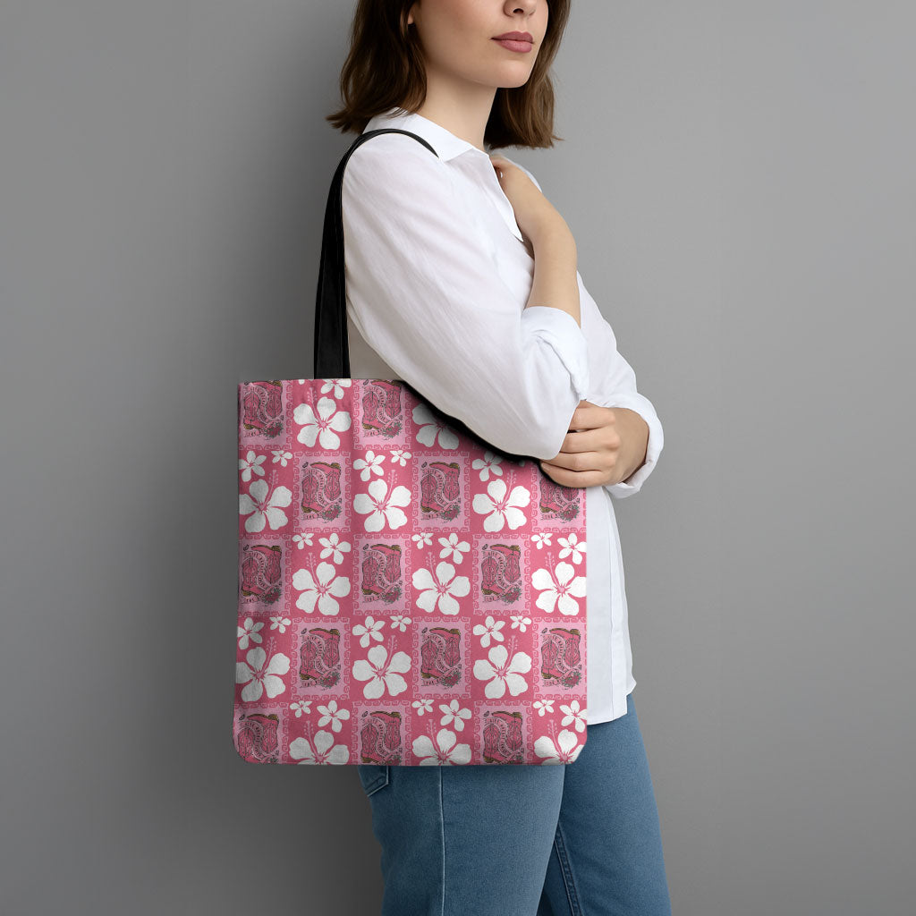 Give Cancer The Boot Pink Cowgirl Tote Bag Western Aloha Hibiscus Paniolo Heritage Floral
