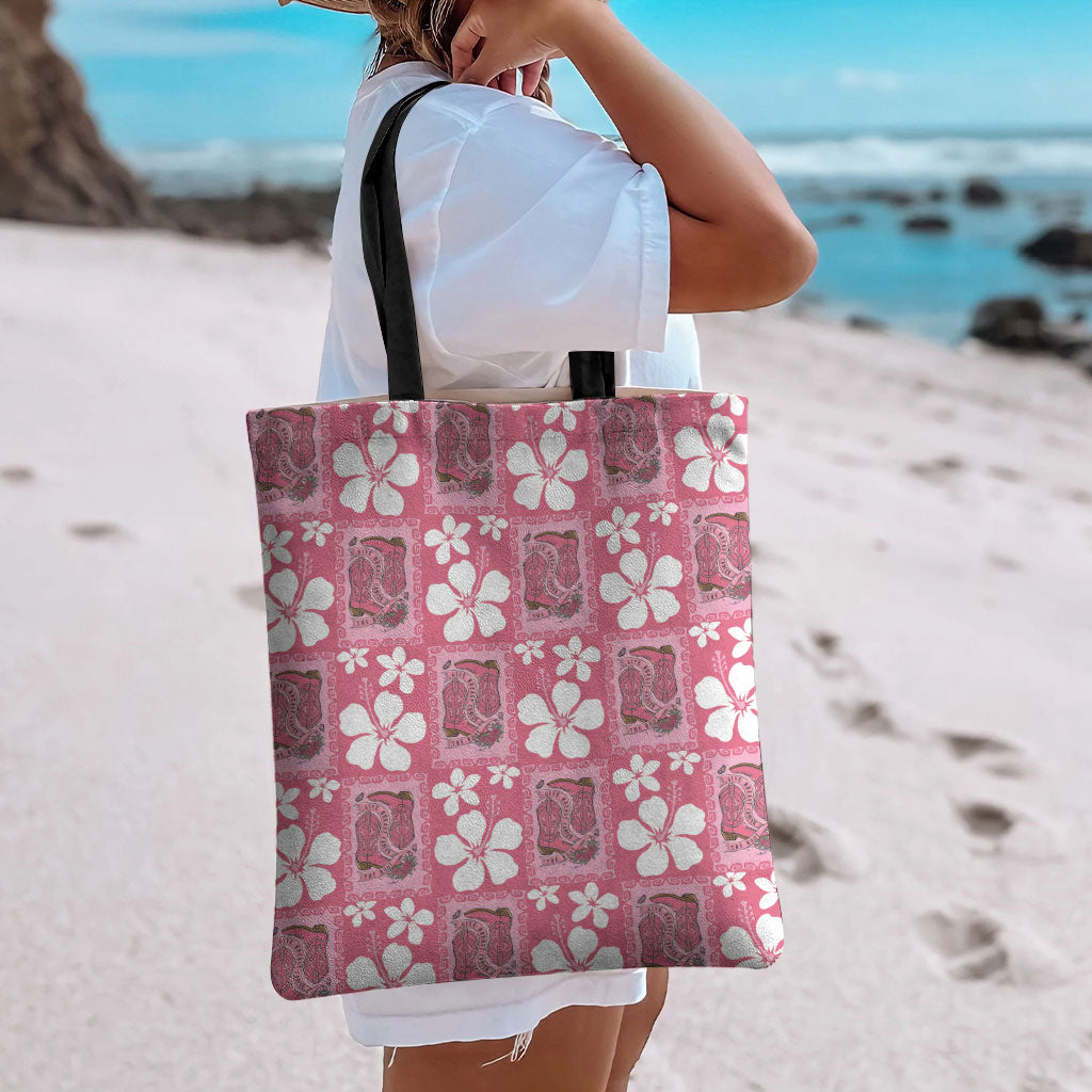 Give Cancer The Boot Pink Cowgirl Tote Bag Western Aloha Hibiscus Paniolo Heritage Floral