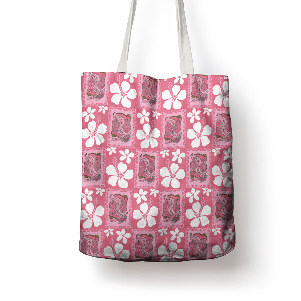 Give Cancer The Boot Pink Cowgirl Tote Bag Western Aloha Hibiscus Paniolo Heritage Floral