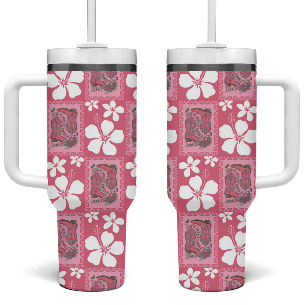 Give Cancer The Boot Pink Cowgirl Tumbler With Handle Western Aloha Hibiscus Paniolo Heritage Floral LT9 One Size: 40 oz Pink - Polynesian Pride