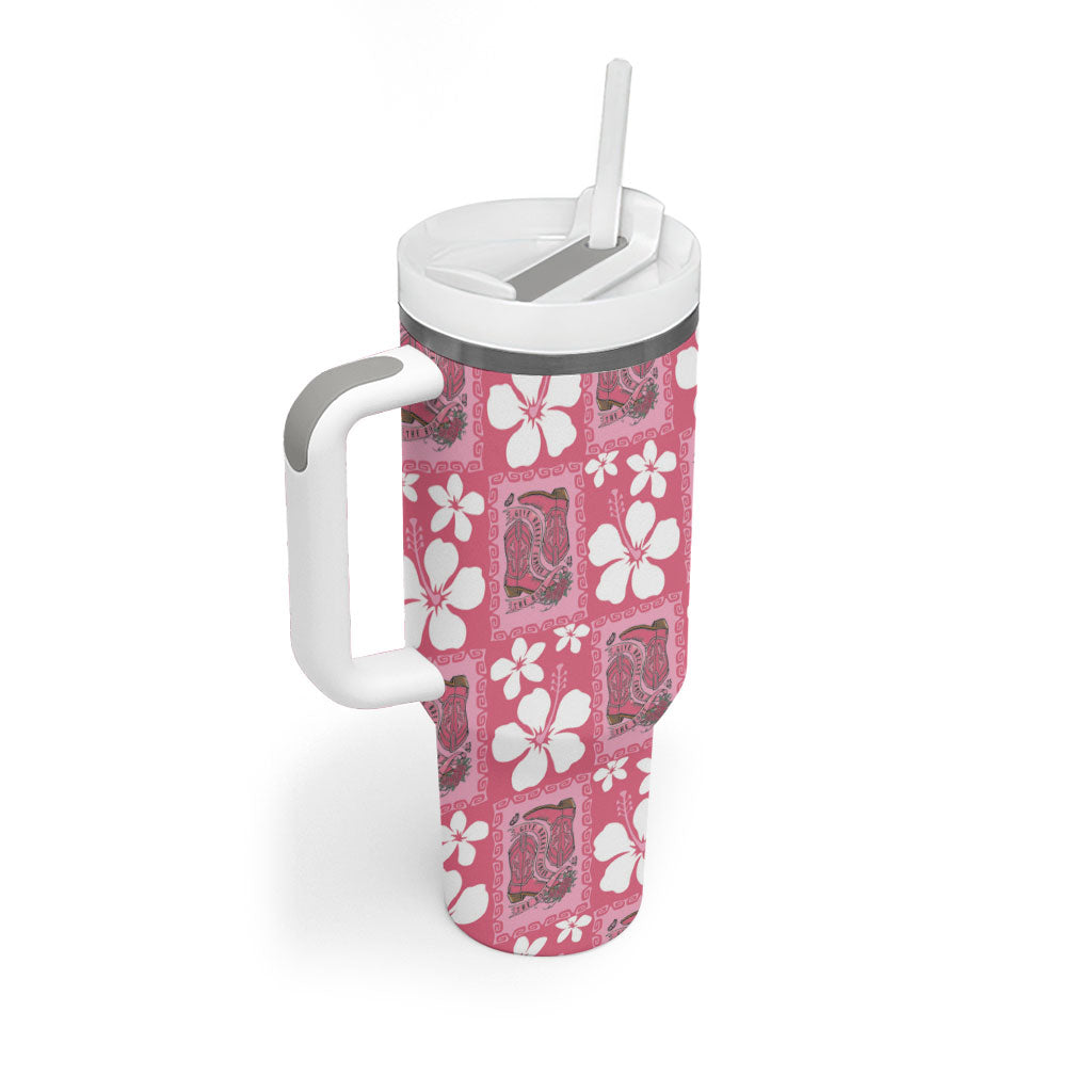 Give Cancer The Boot Pink Cowgirl Tumbler With Handle Western Aloha Hibiscus Paniolo Heritage Floral
