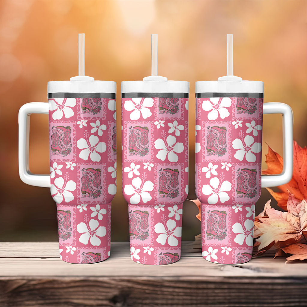 Give Cancer The Boot Pink Cowgirl Tumbler With Handle Western Aloha Hibiscus Paniolo Heritage Floral