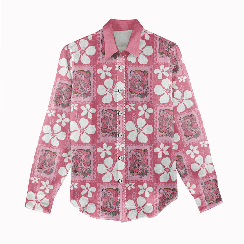 Give Cancer The Boot Pink Cowgirl Women Casual Shirt Western Aloha Hibiscus Paniolo Heritage Floral