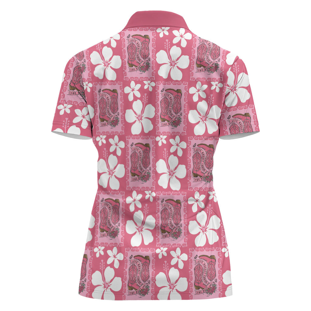 Give Cancer The Boot Pink Cowgirl Women Polo Shirt Western Aloha Hibiscus Paniolo Heritage Floral