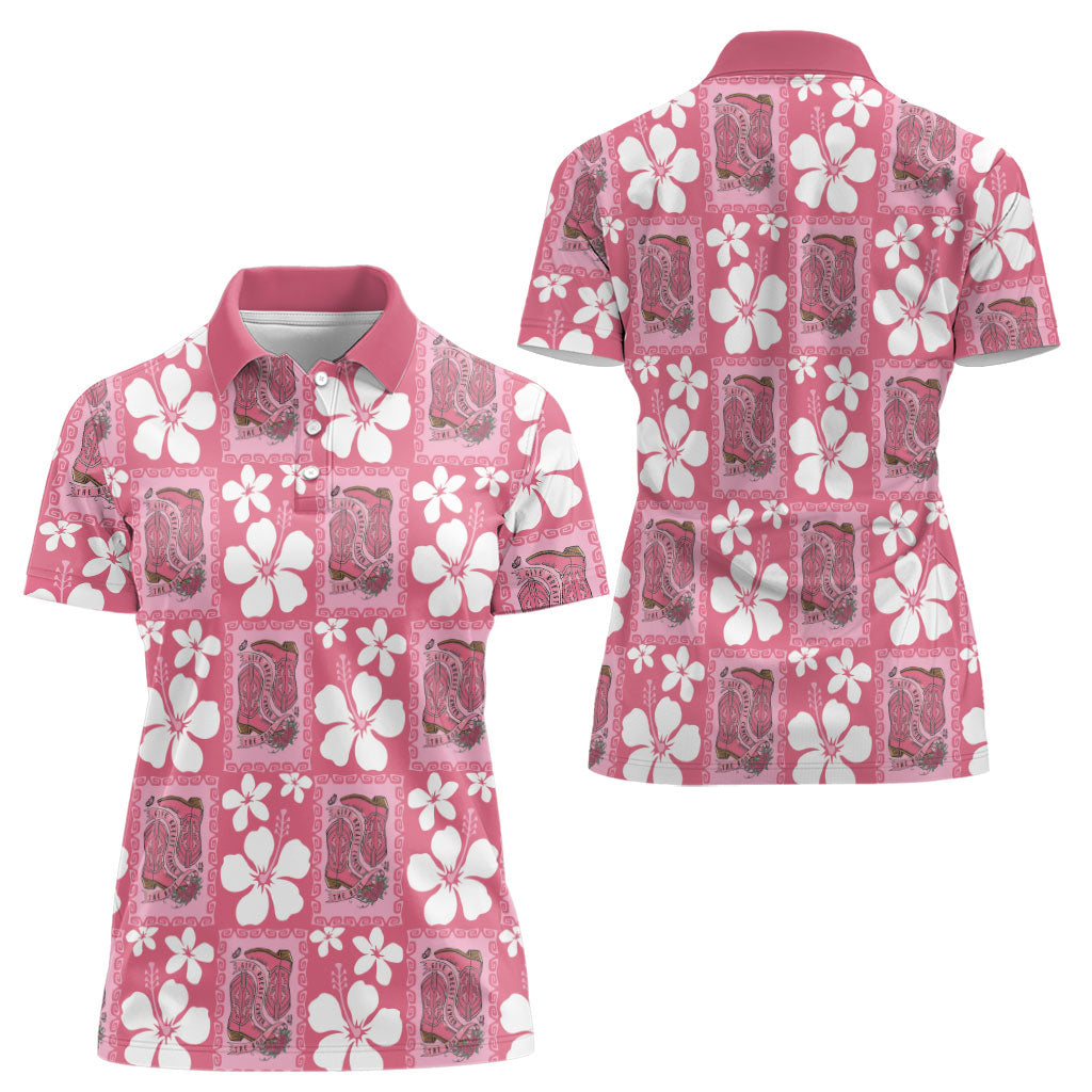 Give Cancer The Boot Pink Cowgirl Women Polo Shirt Western Aloha Hibiscus Paniolo Heritage Floral