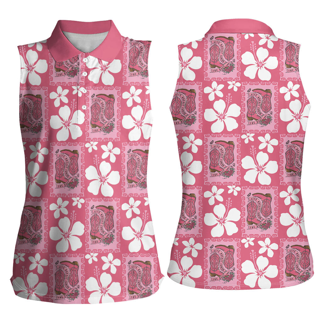 Give Cancer The Boot Pink Cowgirl Women Sleeveless Polo Shirt Western Aloha Hibiscus Paniolo Heritage Floral