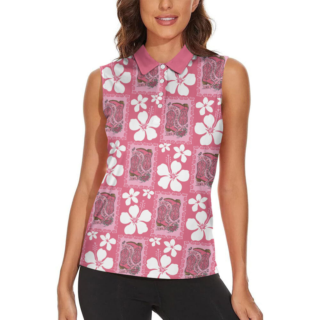 Give Cancer The Boot Pink Cowgirl Women Sleeveless Polo Shirt Western Aloha Hibiscus Paniolo Heritage Floral