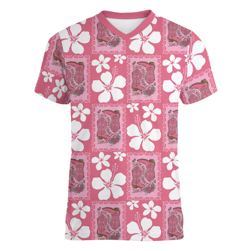 Give Cancer The Boot Pink Cowgirl Women V-Neck T-Shirt Western Aloha Hibiscus Paniolo Heritage Floral LT9 Female Pink - Polynesian Pride