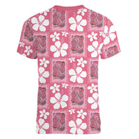 Give Cancer The Boot Pink Cowgirl Women V-Neck T-Shirt Western Aloha Hibiscus Paniolo Heritage Floral