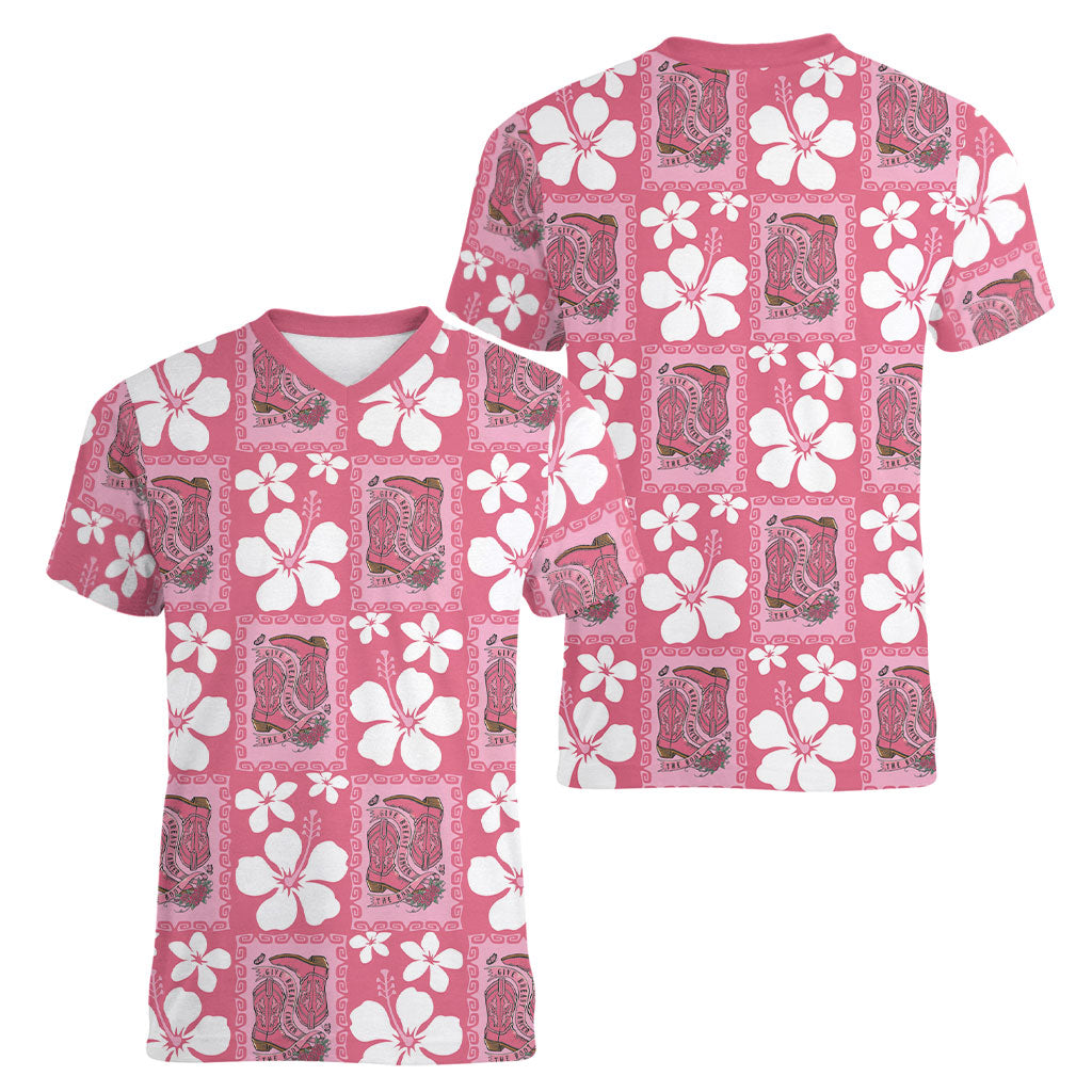 Give Cancer The Boot Pink Cowgirl Women V-Neck T-Shirt Western Aloha Hibiscus Paniolo Heritage Floral