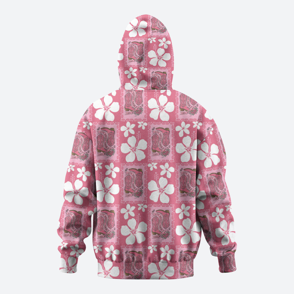 Give Cancer The Boot Pink Cowgirl Zip Hoodie Western Aloha Hibiscus Paniolo Heritage Floral