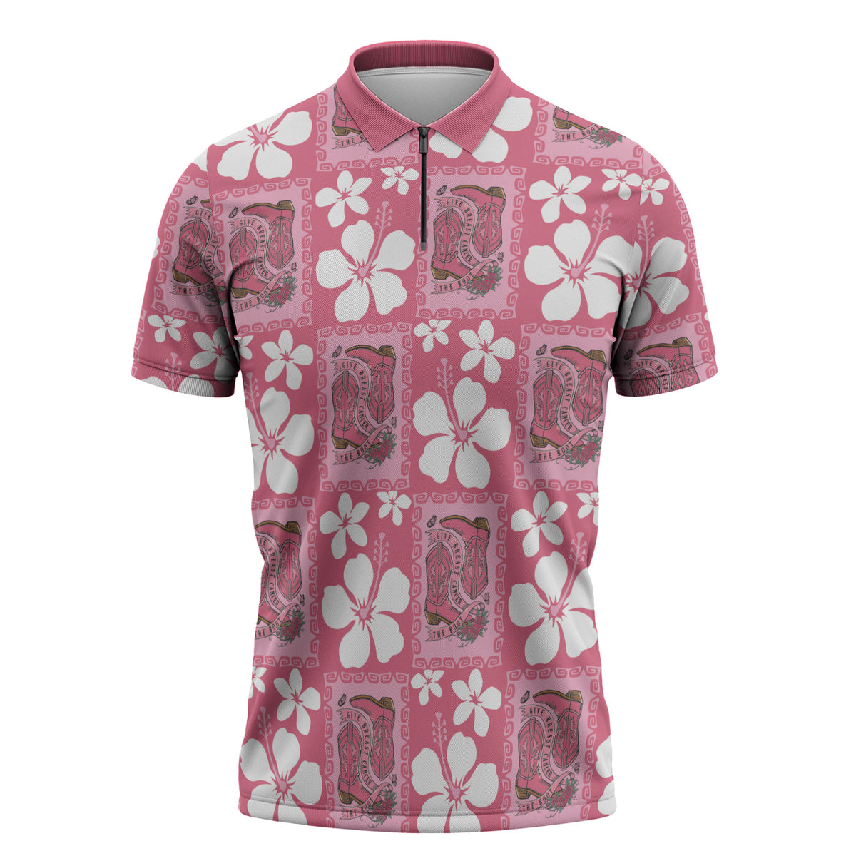 Give Cancer The Boot Pink Cowgirl Zipper Polo Shirt Western Aloha Hibiscus Paniolo Heritage Floral