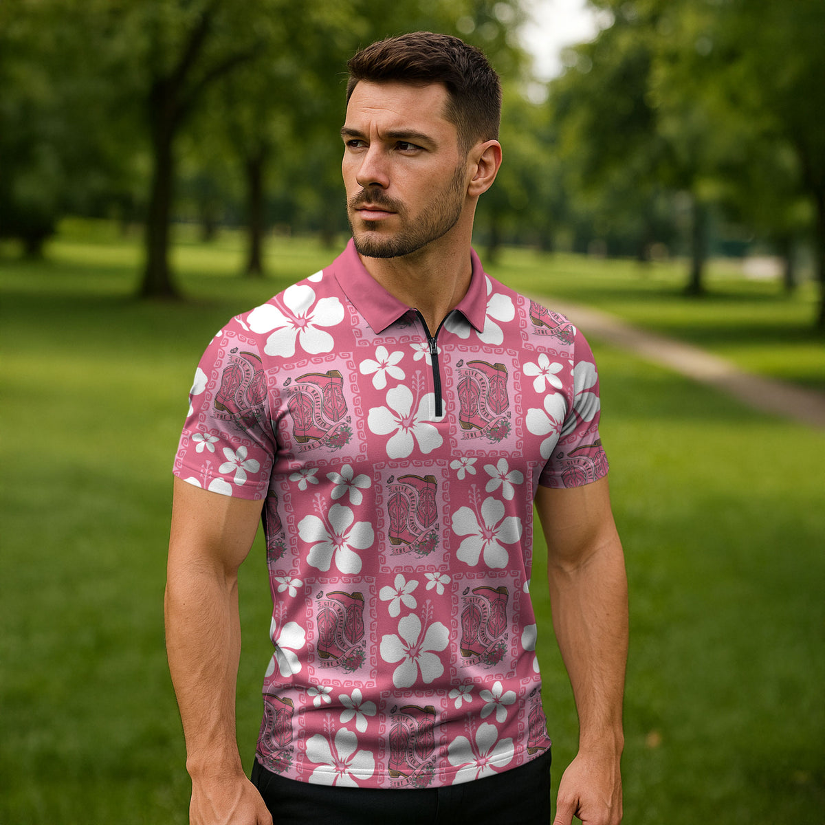 Give Cancer The Boot Pink Cowgirl Zipper Polo Shirt Western Aloha Hibiscus Paniolo Heritage Floral