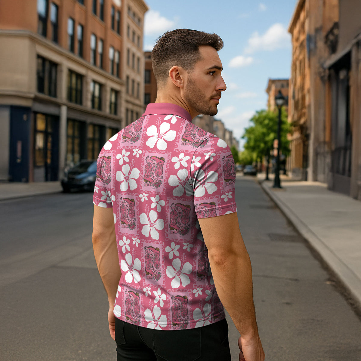 Give Cancer The Boot Pink Cowgirl Zipper Polo Shirt Western Aloha Hibiscus Paniolo Heritage Floral