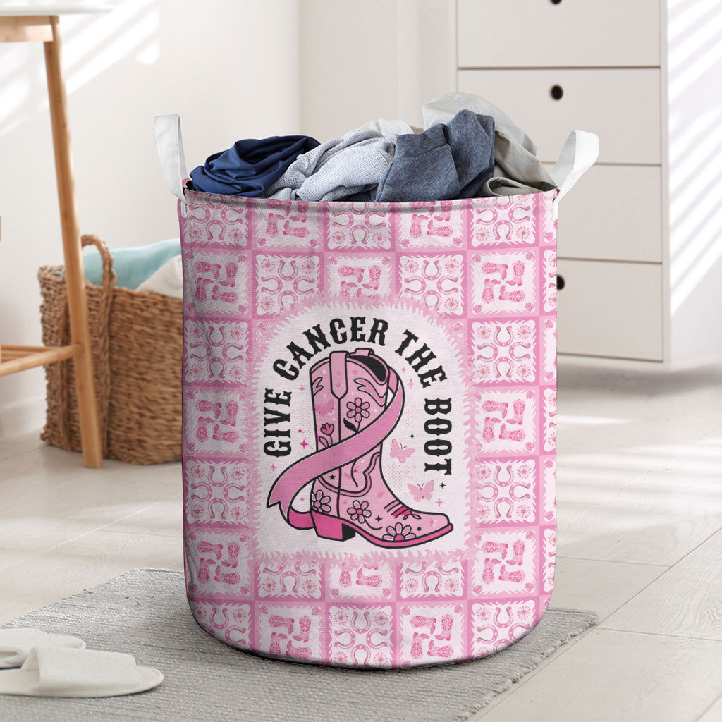 Give Cancer The Boot Pink Cowgirl Laundry Basket Hawaiian Paniolo Mixed Quilt Pattern Style