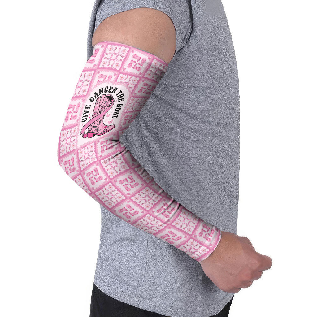Give Cancer The Boot Pink Cowgirl Arm Sleeves Hawaiian Paniolo Mixed Quilt Pattern Style
