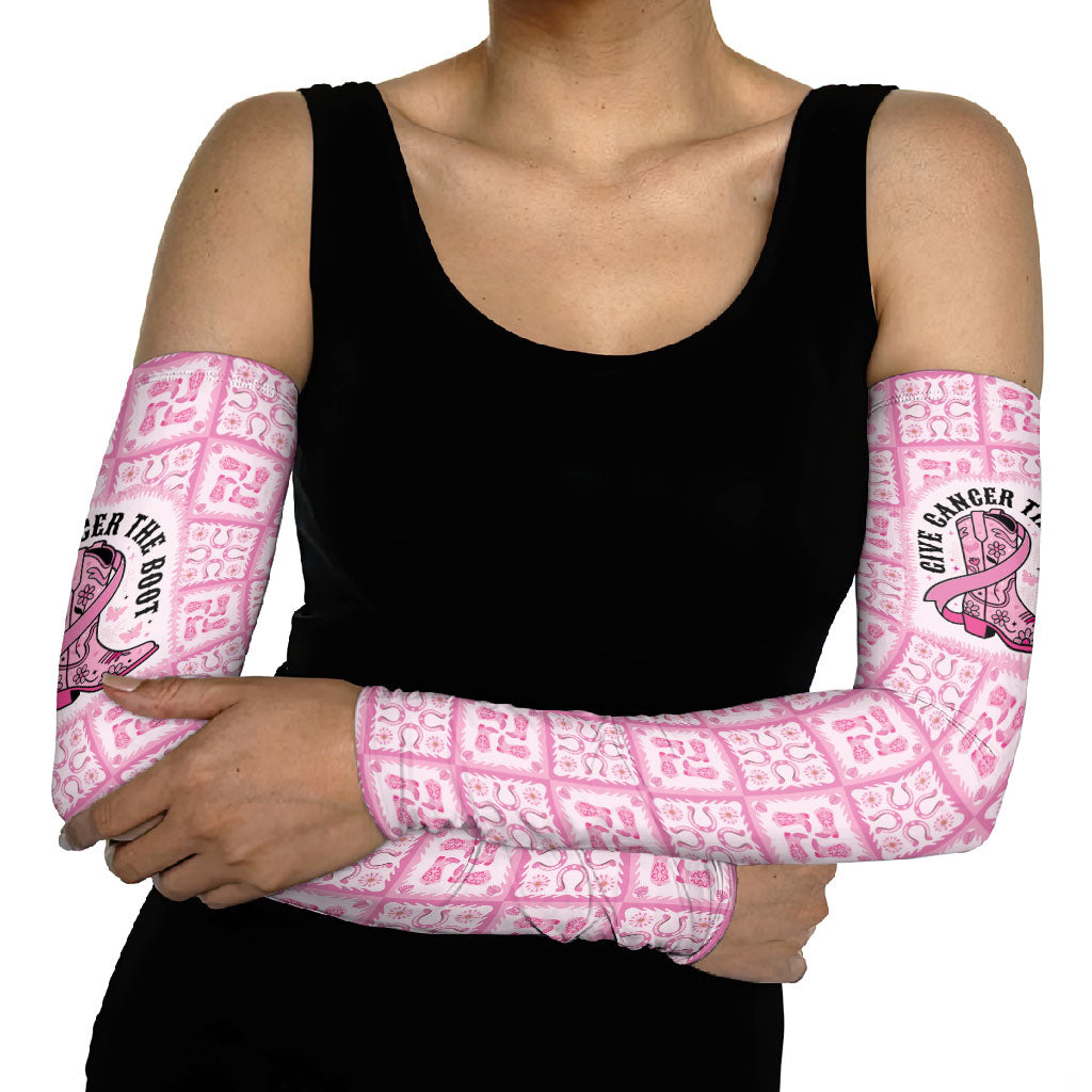Give Cancer The Boot Pink Cowgirl Arm Sleeves Hawaiian Paniolo Mixed Quilt Pattern Style