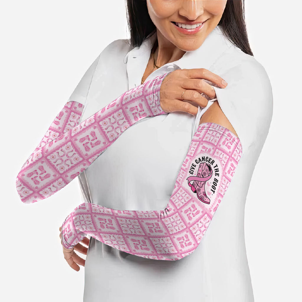 Give Cancer The Boot Pink Cowgirl Arm Sleeves Hawaiian Paniolo Mixed Quilt Pattern Style