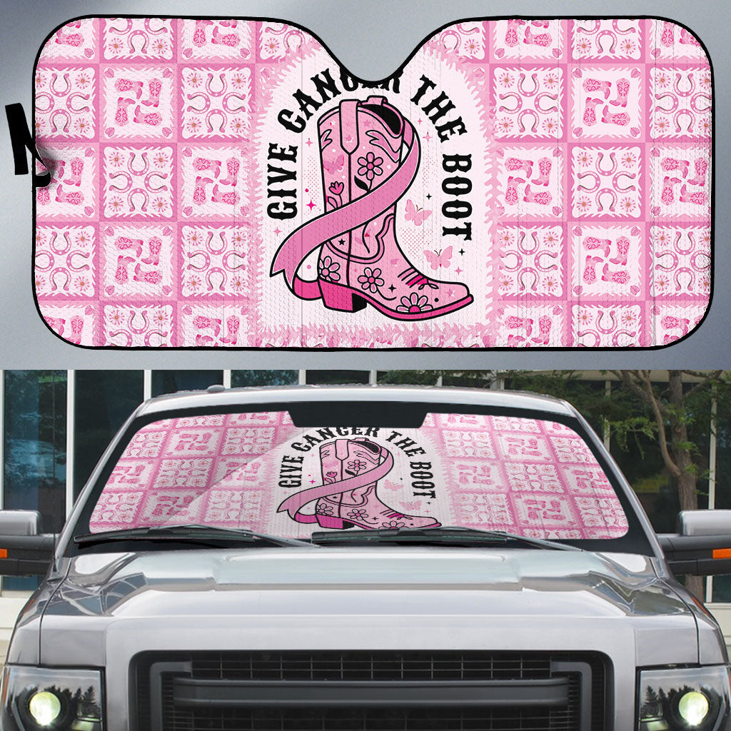 Give Cancer The Boot Pink Cowgirl Auto Sun Shade Hawaiian Paniolo Mixed Quilt Pattern Style
