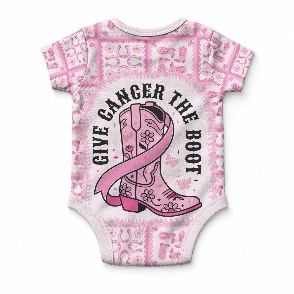 Give Cancer The Boot Pink Cowgirl Baby Onesie Hawaiian Paniolo Mixed Quilt Pattern Style