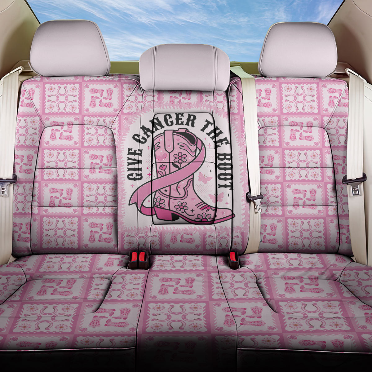 Give Cancer The Boot Pink Cowgirl Back Car Seat Cover Hawaiian Paniolo Mixed Quilt Pattern Style