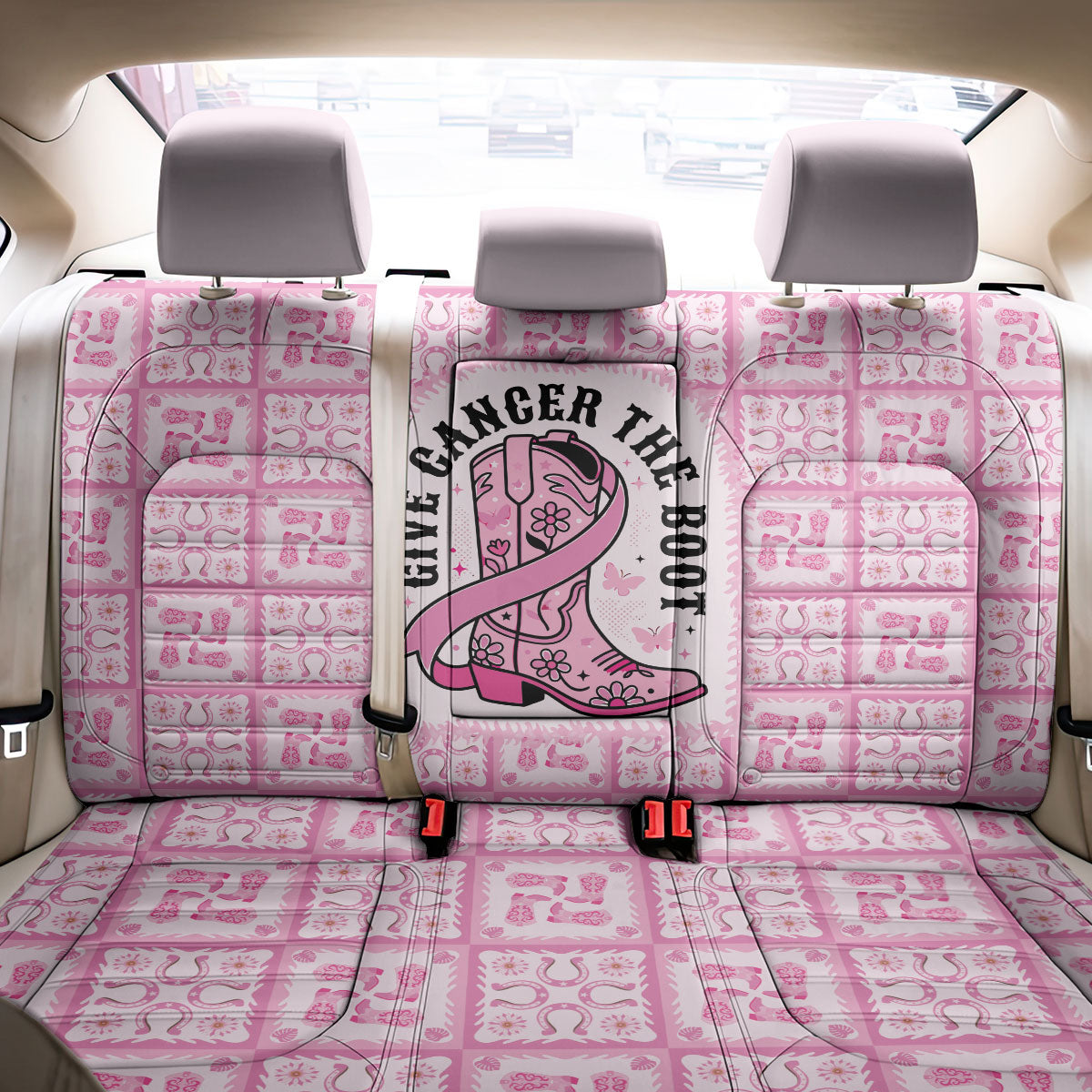 Give Cancer The Boot Pink Cowgirl Back Car Seat Cover Hawaiian Paniolo Mixed Quilt Pattern Style