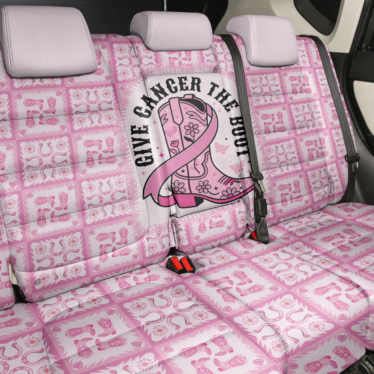 Give Cancer The Boot Pink Cowgirl Back Car Seat Cover Hawaiian Paniolo Mixed Quilt Pattern Style
