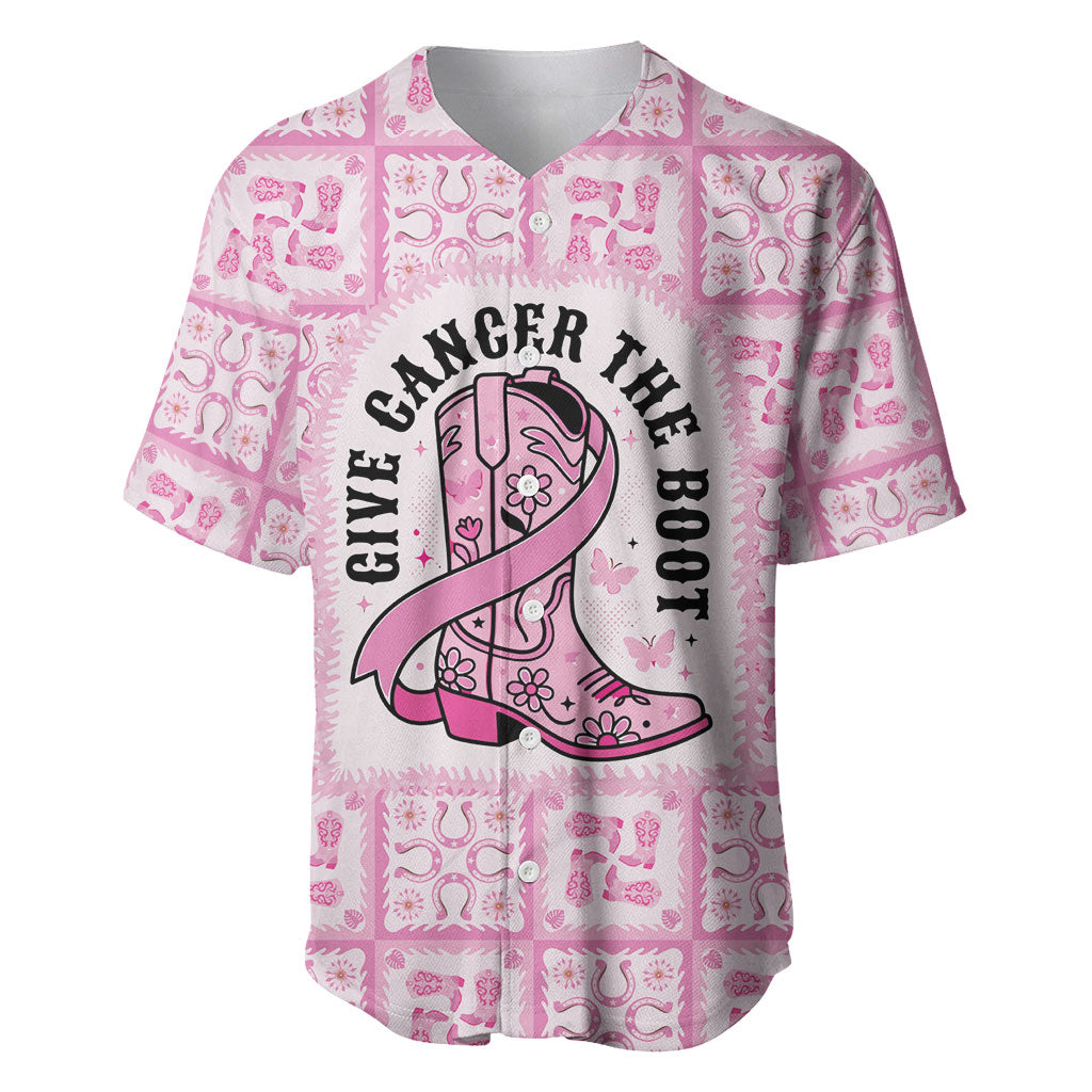Give Cancer The Boot Pink Cowgirl Baseball Jersey Hawaiian Paniolo Mixed Quilt Pattern Style