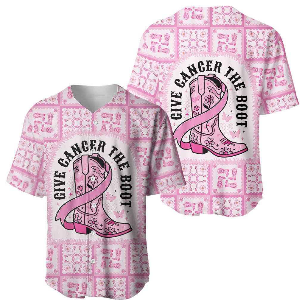 Give Cancer The Boot Pink Cowgirl Baseball Jersey Hawaiian Paniolo Mixed Quilt Pattern Style