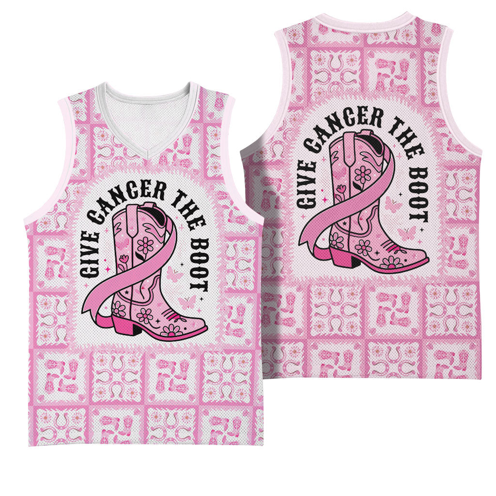 Give Cancer The Boot Pink Cowgirl Basketball Jersey Hawaiian Paniolo Mixed Quilt Pattern Style