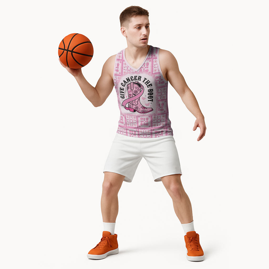 Give Cancer The Boot Pink Cowgirl Basketball Jersey Hawaiian Paniolo Mixed Quilt Pattern Style
