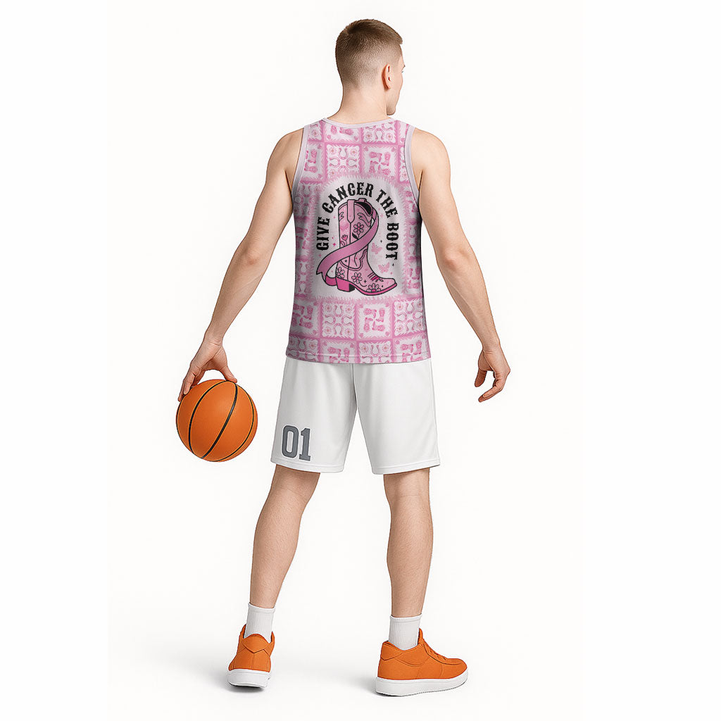 Give Cancer The Boot Pink Cowgirl Basketball Jersey Hawaiian Paniolo Mixed Quilt Pattern Style
