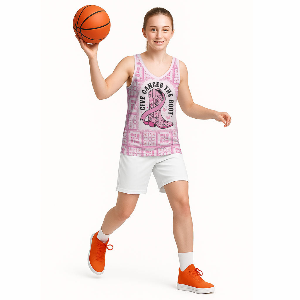 Give Cancer The Boot Pink Cowgirl Basketball Jersey Hawaiian Paniolo Mixed Quilt Pattern Style