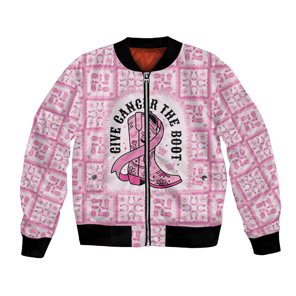 Give Cancer The Boot Pink Cowgirl Bomber Jacket Hawaiian Paniolo Mixed Quilt Pattern Style LT9 Unisex Pink - Polynesian Pride