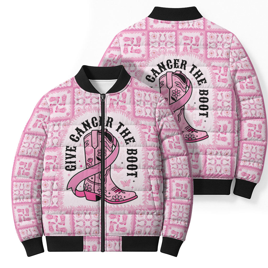 Give Cancer The Boot Pink Cowgirl Bomber Puffer Jacket Hawaiian Paniolo Mixed Quilt Pattern Style