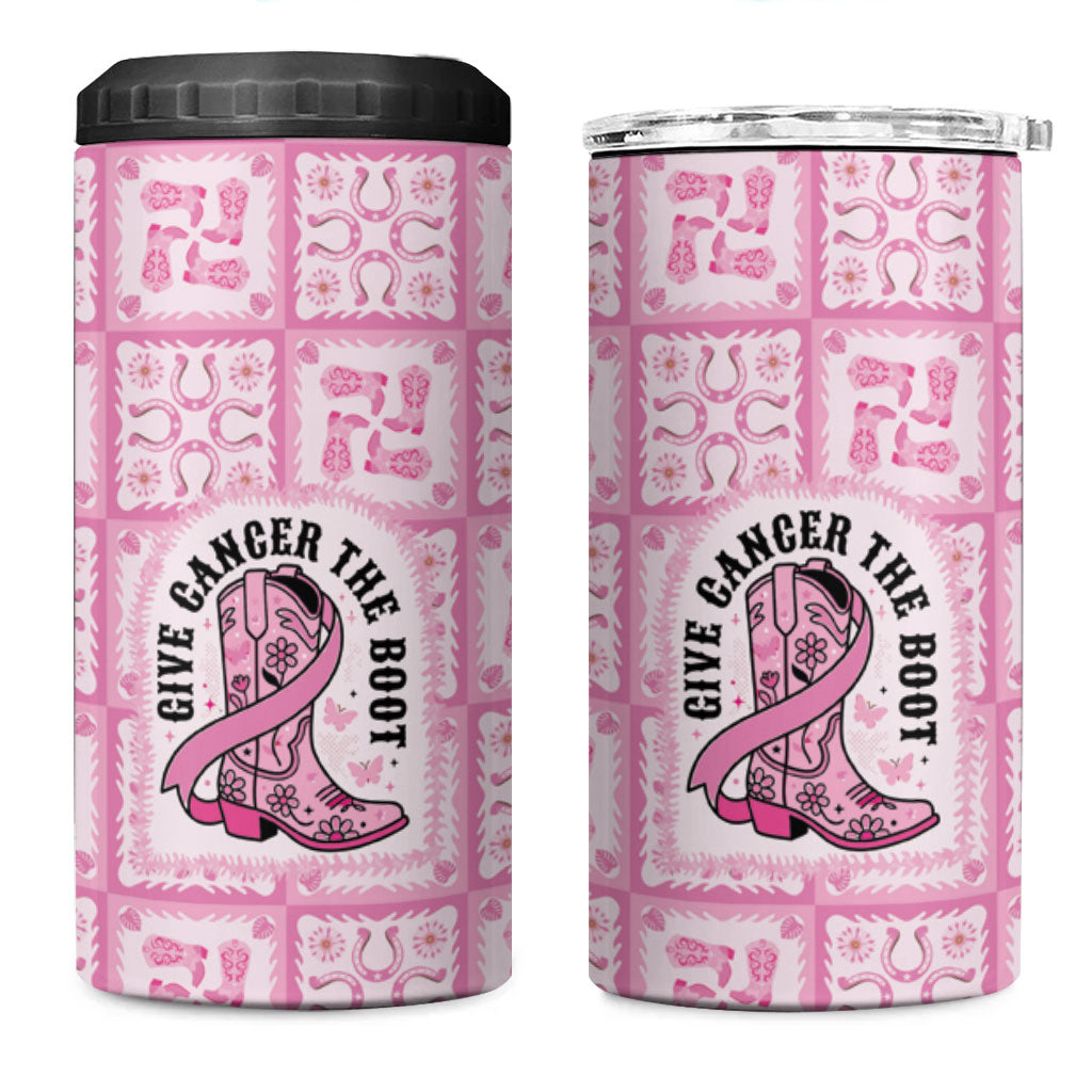 Give Cancer The Boot Pink Cowgirl 4 in 1 Can Cooler Tumbler Hawaiian Paniolo Mixed Quilt Pattern Style