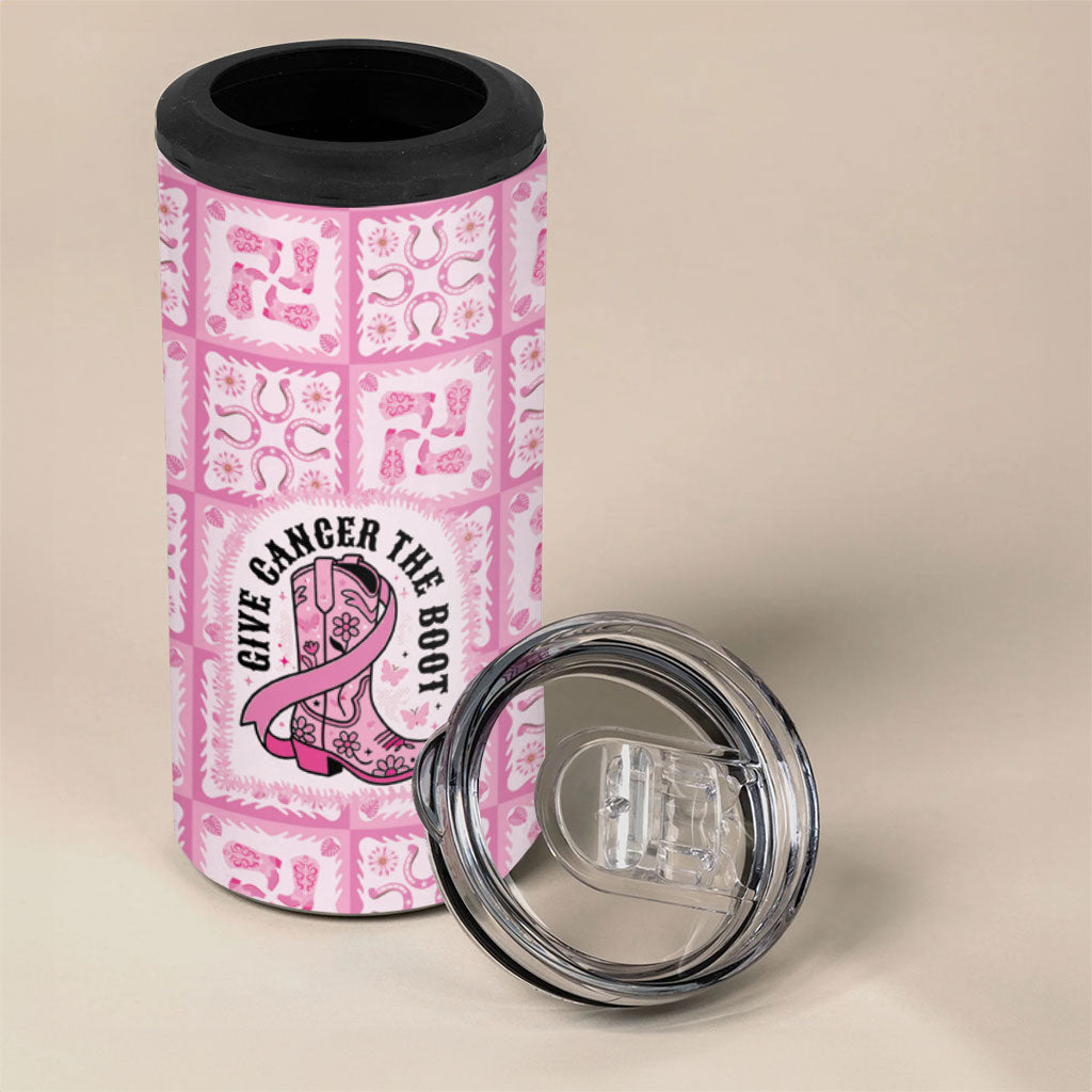 Give Cancer The Boot Pink Cowgirl 4 in 1 Can Cooler Tumbler Hawaiian Paniolo Mixed Quilt Pattern Style