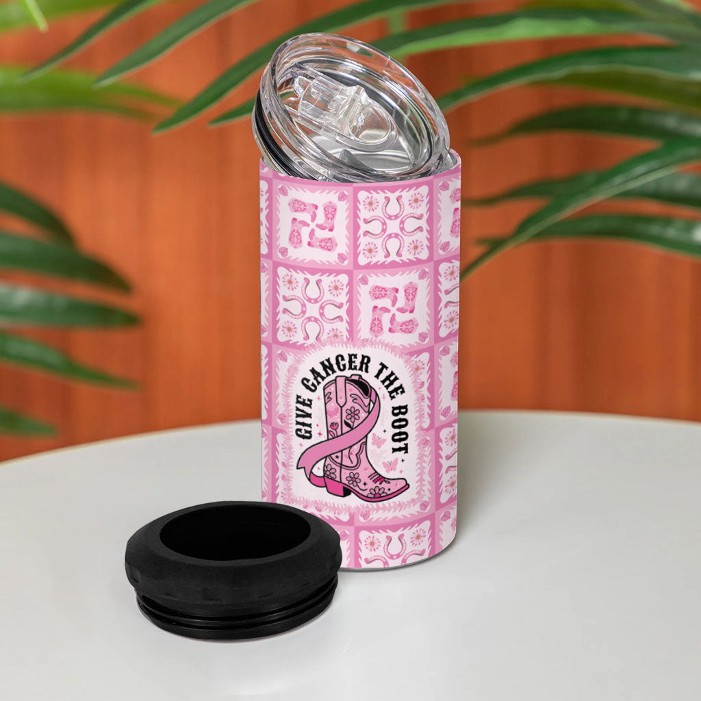Give Cancer The Boot Pink Cowgirl 4 in 1 Can Cooler Tumbler Hawaiian Paniolo Mixed Quilt Pattern Style