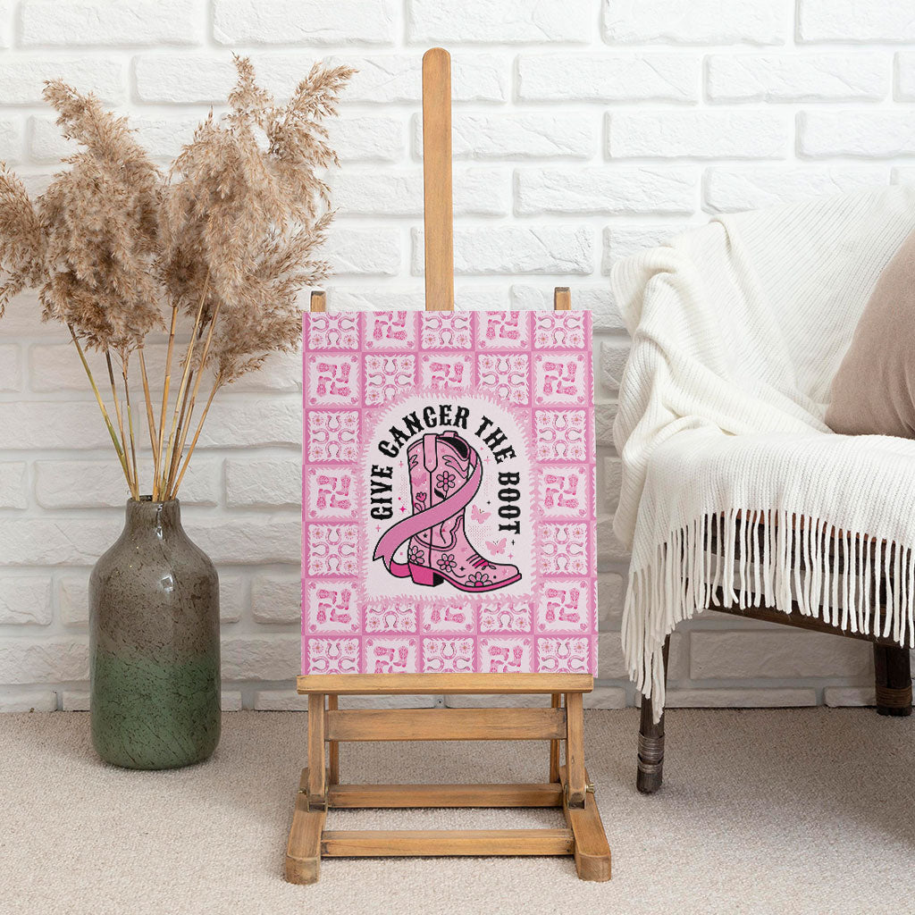 Give Cancer The Boot Pink Cowgirl Canvas Wall Art Hawaiian Paniolo Mixed Quilt Pattern Style