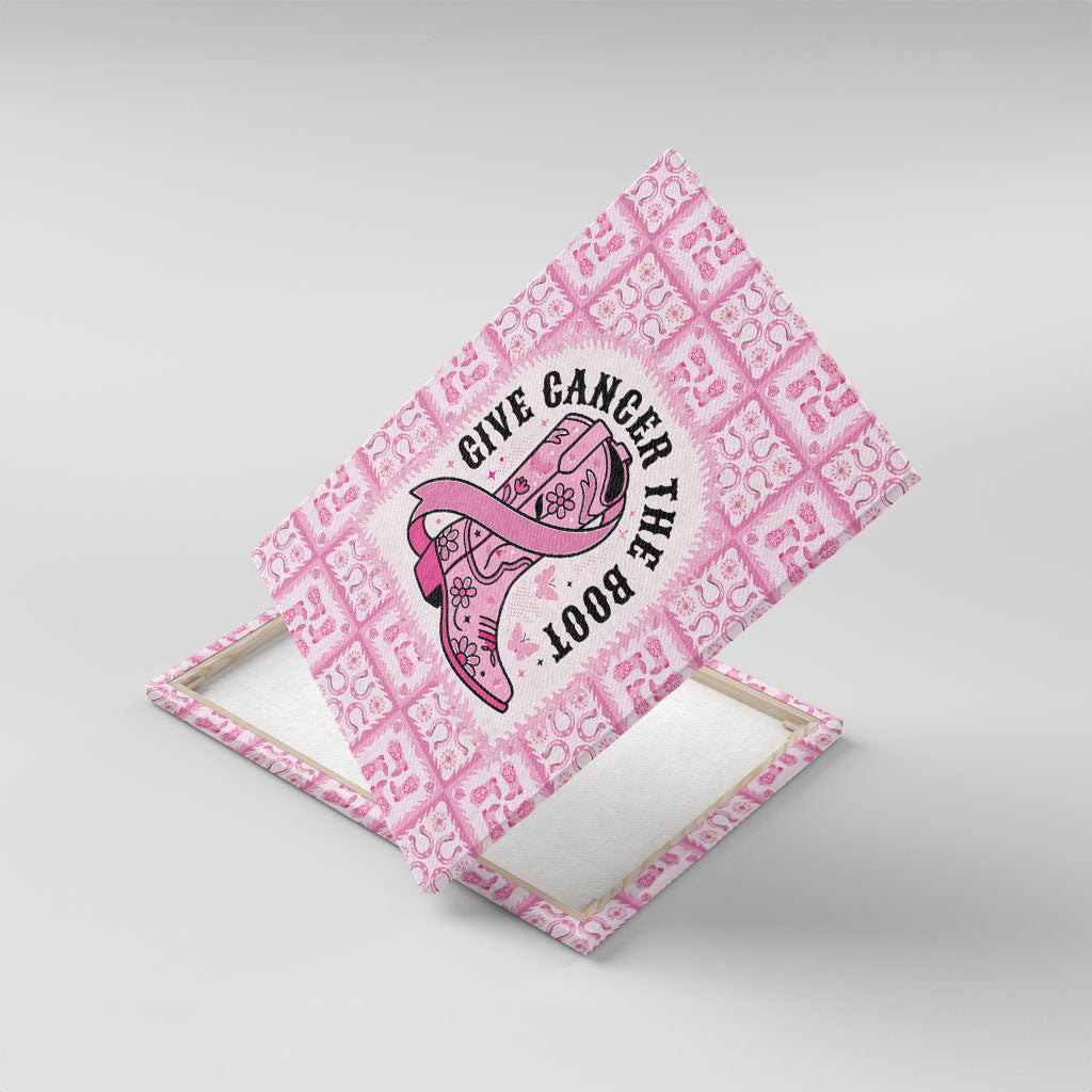 Give Cancer The Boot Pink Cowgirl Canvas Wall Art Hawaiian Paniolo Mixed Quilt Pattern Style