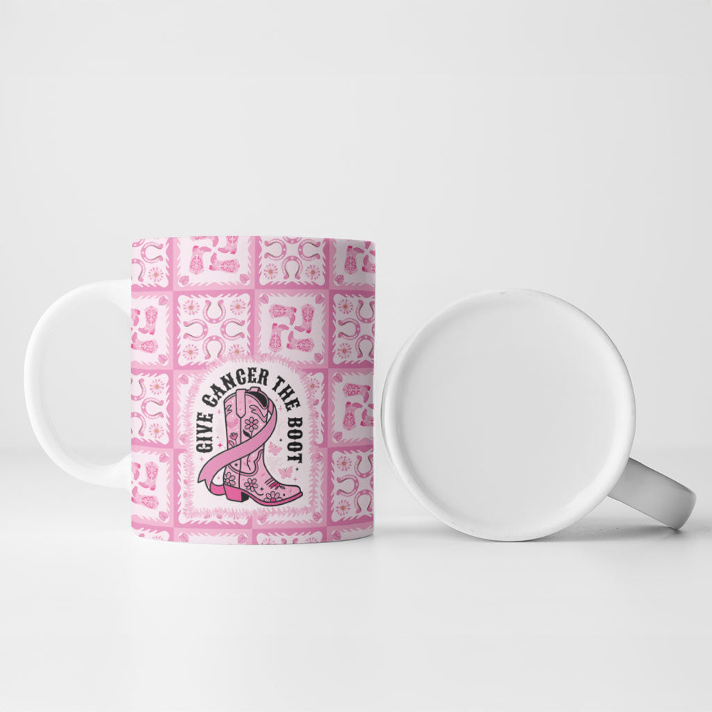Give Cancer The Boot Pink Cowgirl Ceramic Mug Hawaiian Paniolo Mixed Quilt Pattern Style