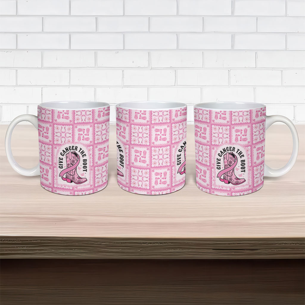 Give Cancer The Boot Pink Cowgirl Ceramic Mug Hawaiian Paniolo Mixed Quilt Pattern Style