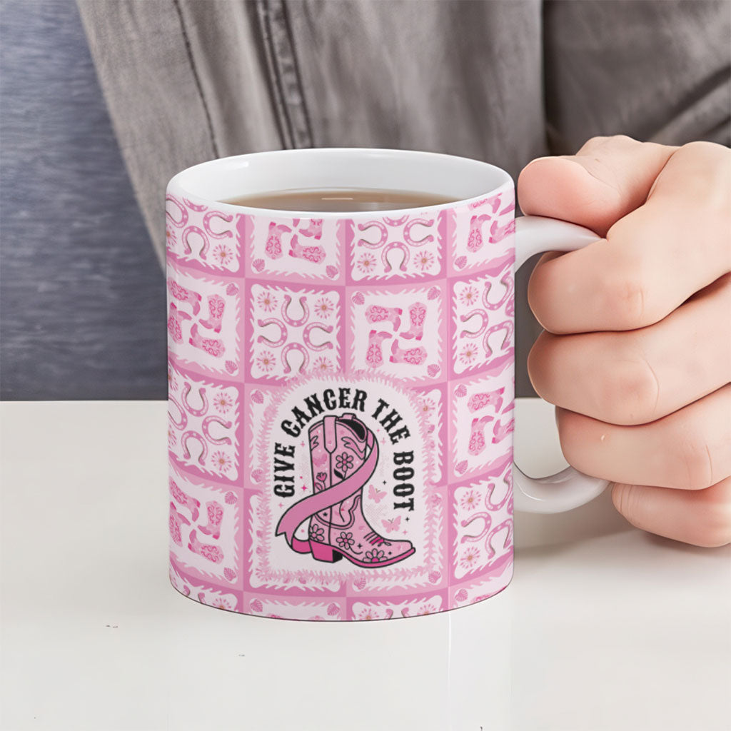 Give Cancer The Boot Pink Cowgirl Ceramic Mug Hawaiian Paniolo Mixed Quilt Pattern Style